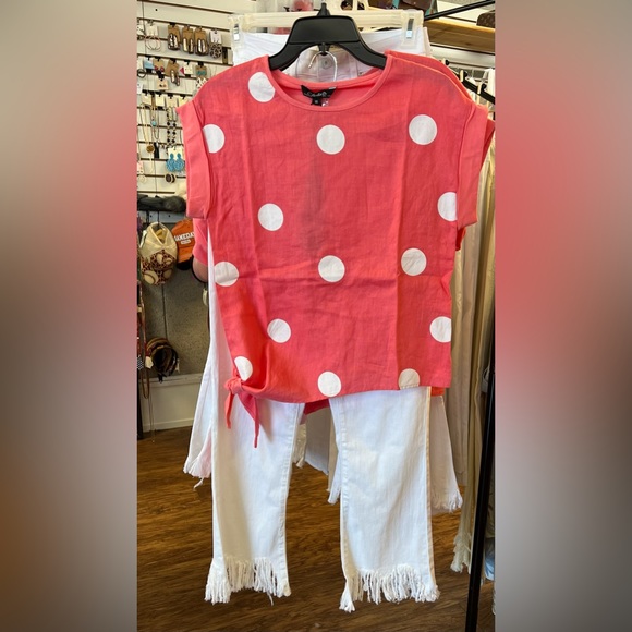 CHARLIE B Tops - Charlie B Linen Dot Dolman Tie Top